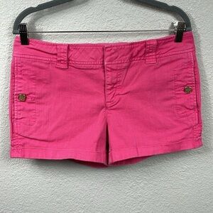 Tory Burch Mid Rise Cuffed Chino Jean Shorts Pink Gold Tone Medallion Buttons 30